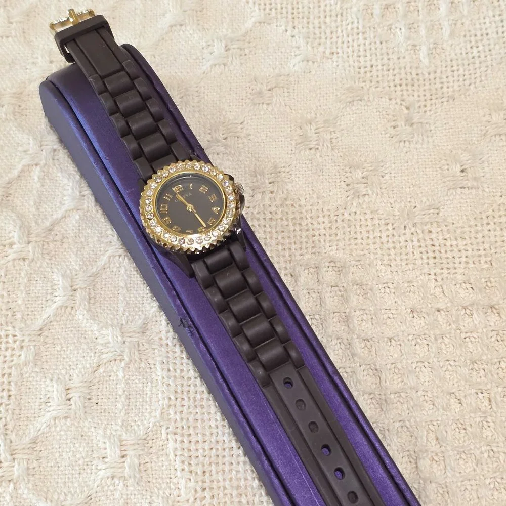 Geneva Women's Gold Brown Crystal Accent Wrist Watch Brown Silicone Band Works